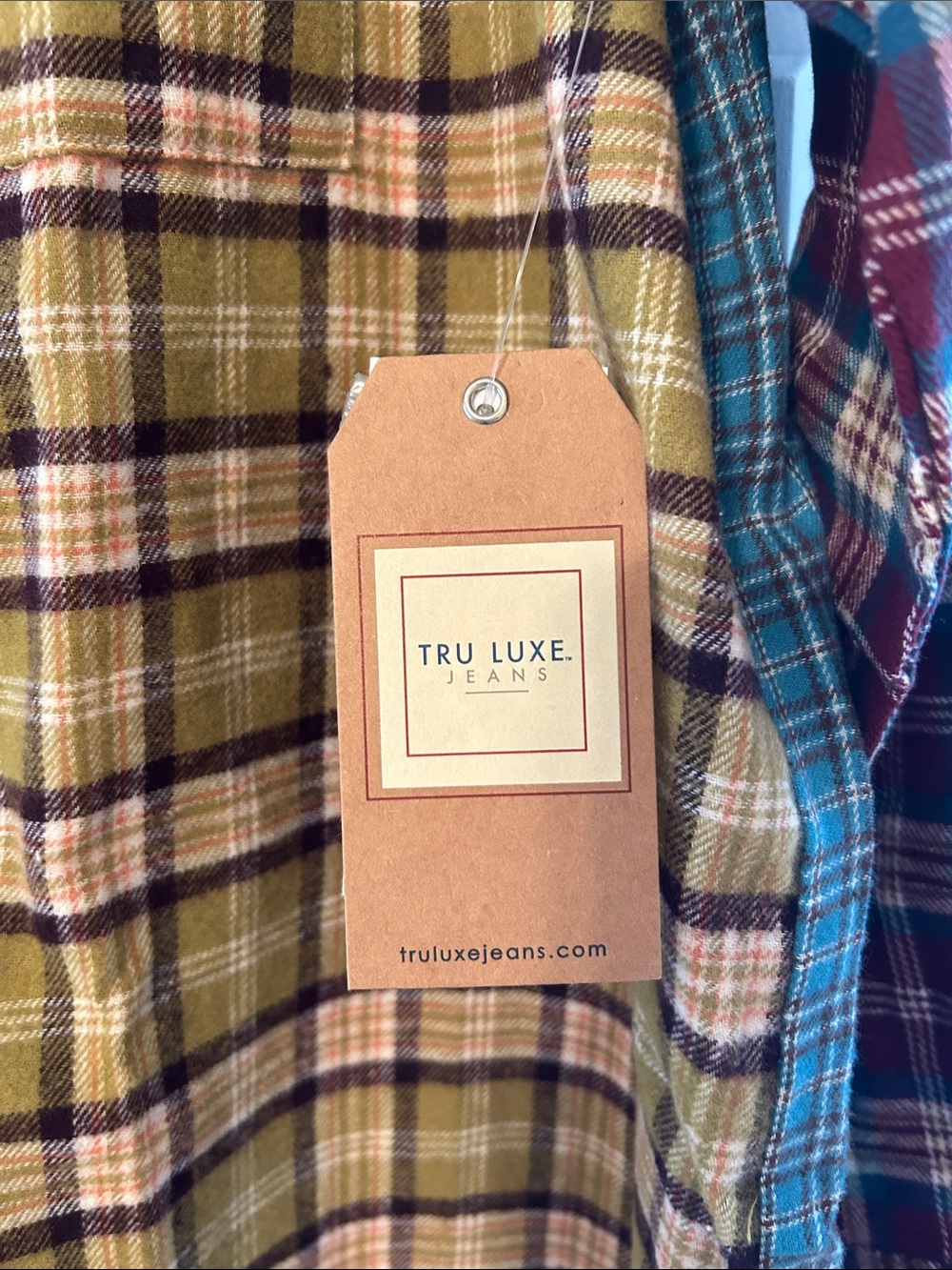 Tru Luxe Jeans Multi-Panel Plaid Button-Down in Blue, Burgundy & Tan - Picture 2 of 4